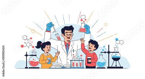 A male scientist demonstrates a fun science experiment to two enthusiastic children illustrating chemistry and education.