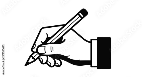 Stylized black and white outline of a hand holding a pencil, poised to write or draw, representing focus, skill, and