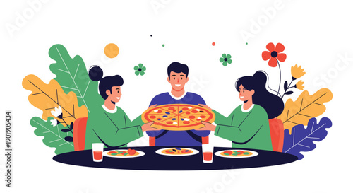 Three happy friends share a delicious pizza together at a table surrounded by flowers illustrating friendship and togetherness.