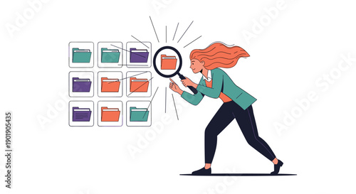A woman uses a magnifying glass to examine a grid of folders illustrating data search file organization and information discovery.