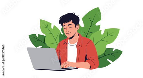 A smiling man works on a laptop surrounded by lush green leaves symbolizing remote work and productivity in nature.