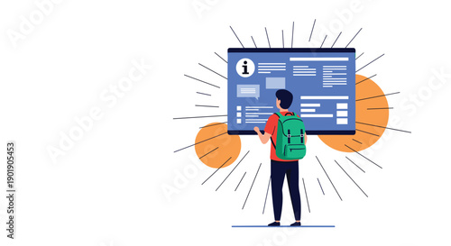 A man with a backpack stands before a large screen displaying information and chat bubbles symbolizing digital learning and online resources.