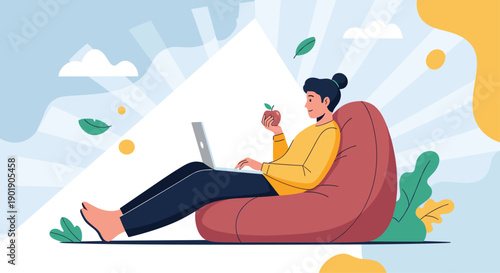 A woman comfortably works on a laptop from a bean bag chair while eating an apple representing remote work and healthy habits.