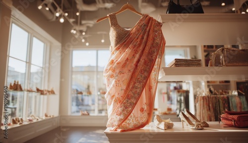 Traditional peach Indian saree with floral embroidery displayed on a hanger in a luxury boutique
