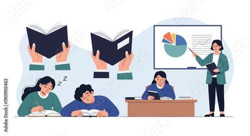 A classroom scene with a teacher explaining charts to students some of whom are struggling to stay awake and focus.