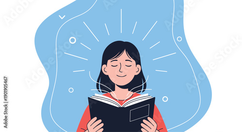 A happy woman with closed eyes reads a book intently with radiating lines symbolizing learning mindfulness and intellectual pleasure.