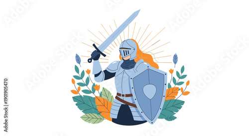 A female warrior in full armor holds a sword and shield surrounded by glowing rays symbolizing strength courage and empowerment.