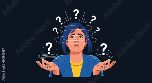 A confused woman looks up surrounded by floating question marks and swirling lines symbolizing uncertainty and doubt.