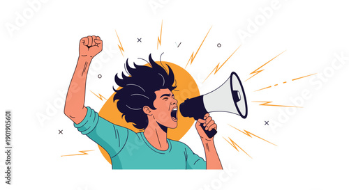 A man shouts powerfully into a megaphone with his fist raised symbolizing protest activism and a strong announcement.