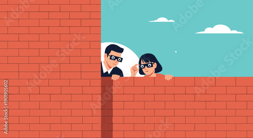 A man and a woman in black masks peer over a brick wall appearing to be spies or engaged in covert observation.