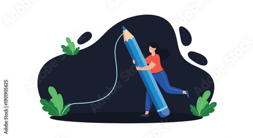 A woman holds a giant blue pencil and draws a line symbolizing creativity writing design and artistic expression.