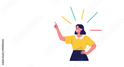 A woman points upwards with radiating lines around her head symbolizing a brilliant idea inspiration or clear instruction.