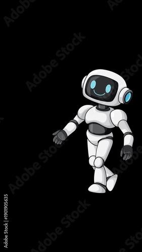 Friendly Robot Walks In and Waves on Black Background