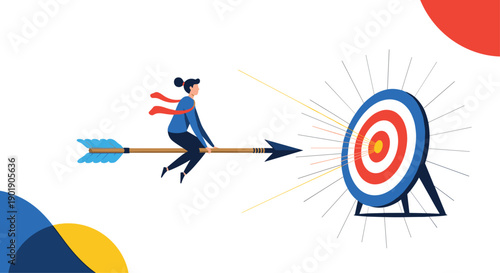 A woman rides an arrow towards a bullseye target with abstract shapes symbolizing goal achievement success and ambition.