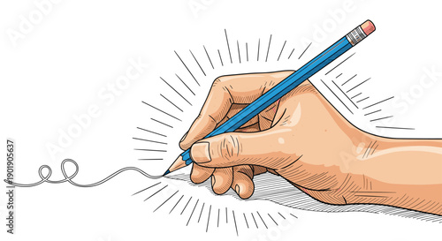 A hand holds a pencil and draws a swirly line with radiating lines symbolizing writing drawing and the creative process.
