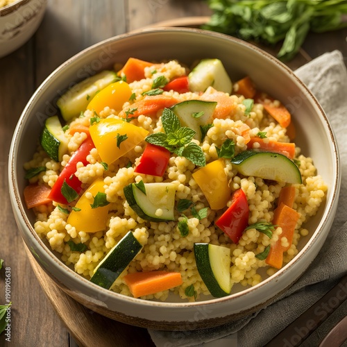 Colorful vegetable couscous bowl with fresh herbs and spices