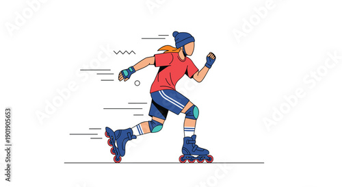 A person in roller skates moves quickly wearing protective gear with speed lines symbolizing fitness and active lifestyle.