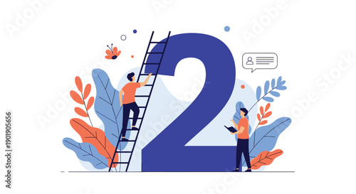 Two people interact with a giant number two symbolizing a second step stage two or moving to the next level.