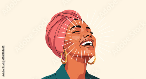 A happy woman with a head wrap laughs heartily with radiating lines symbolizing immense joy and positive emotions.