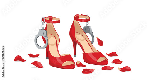 Striking pair of red high heels adorned with metallic handcuffs and scattered rose petals, symbolizing themes of