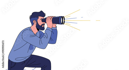Focused man gazes through a large camera lens or telescope, with radiant light rays, symbolizing photography observation and clear vision.