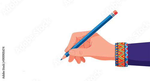Human hand firmly holds a blue pencil, poised to write or draw on an invisible surface, with a colorful patterned sleeve representing creativity and education.