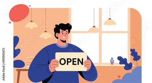 Smiling man happily holds an "OPEN" sign in a warm cafe or store setting, signaling readiness for business and welcoming customers.