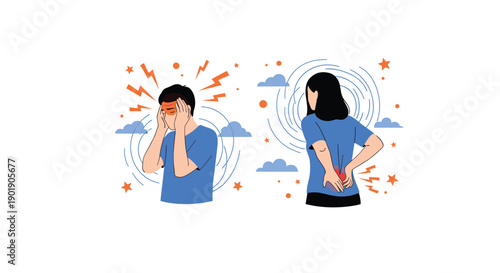 A man suffers from a headache and a woman experiences back pain illustrating discomfort and various health problems.