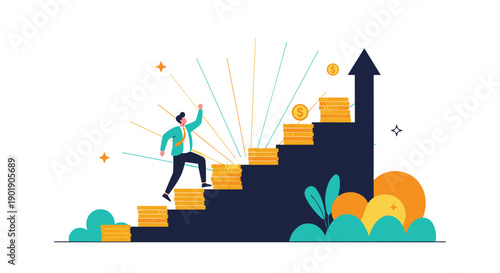 Determined man climbs a staircase composed of gold coins, leading towards an upward arrow, symbolizing financial growth career progression and success.