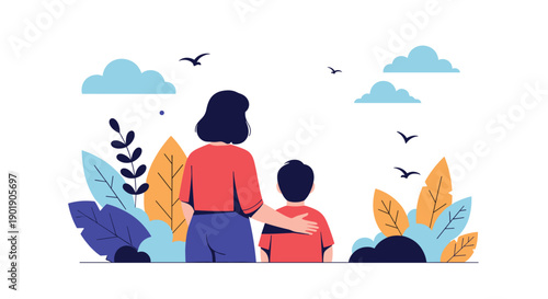 Affectionate woman places her arm around a boy, both gazing at a serene landscape with clouds and birds, symbolizing a nurturing family bond.