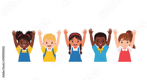Joyful and diverse group of five happy elementary children enthusiastically raising their hands, symbolizing eagerness,
