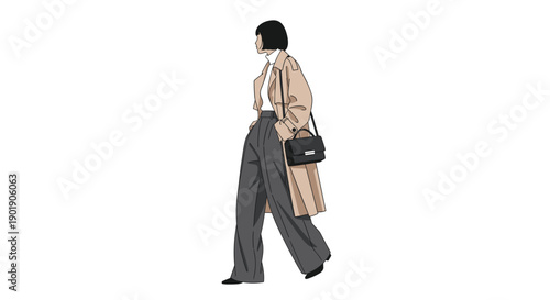 Fashionable young woman confidently walking in a sophisticated trench coat and wide-leg trousers, carrying a chic