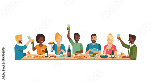 Joyful diverse group of friends celebrating together around a long dinner table, toasting with drinks and enjoying