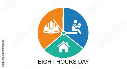 Eight hours day concept with work leisure and home icons in a circular chart