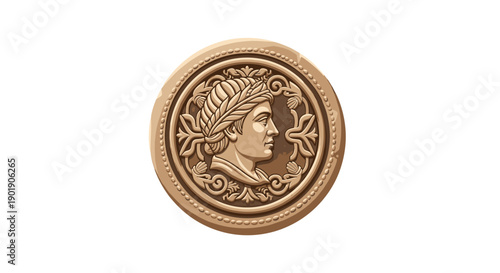 Exquisite ancient bronze coin or medallion featuring a classical figure in profile with a laurel wreath, surrounded by