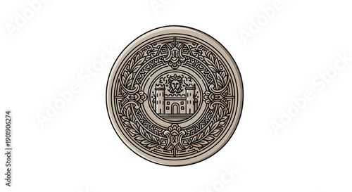 Detailed antique silver coin or medallion depicting a medieval castle and regal lion motif, encircled by intricate