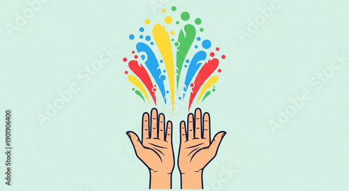 Hands releasing colorful creative energy symbolizing inspiration and imagination in a vibrant digital illustration