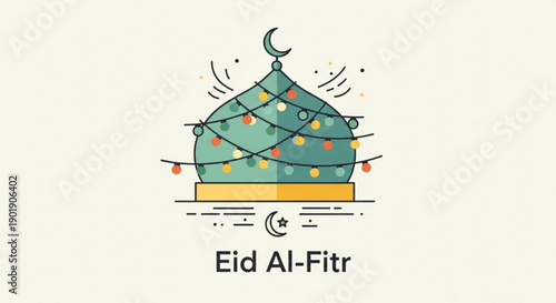 Eid al fitr celebration with decorated mosque dome and crescent moon on white background
