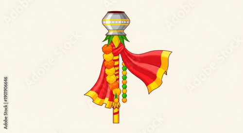 Vibrant indian festival torch with red cloth yellow trim and colorful garlands on a pole