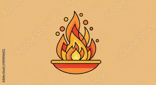Vibrant orange and yellow cartoon fire burning in a bowl on a beige background with flames and sparks