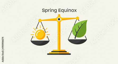 Spring equinox balance scale with sun and green leaf symbolizing nature and seasons change