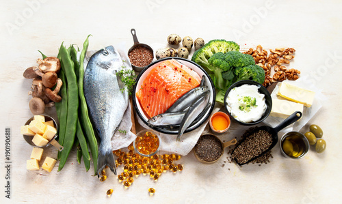 Set of foods high in vitamin D. Concept of healthy.