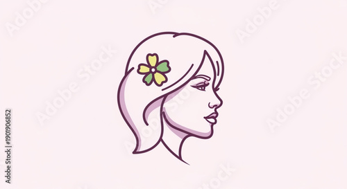 Woman's head with flower in hair profile view minimalist illustration purple outline pink background