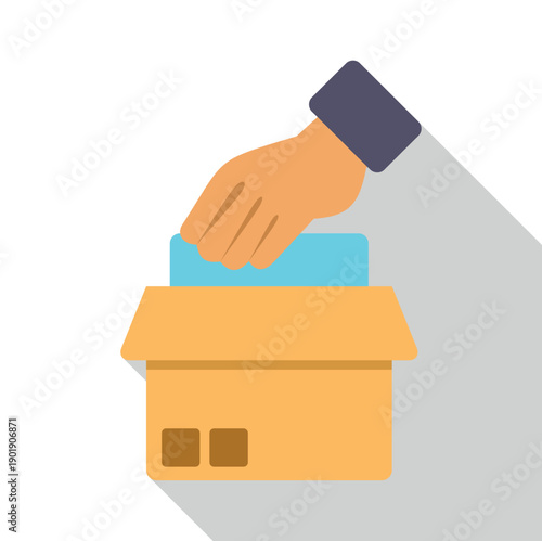 Hand placing a blue object into an open brown cardboard box, symbolizing packing and delivery