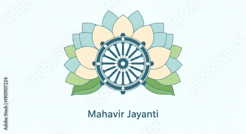 Mahavir jayanti celebration emblem with dharma chakra and lotus flower symbolizing spirituality and enlightenment