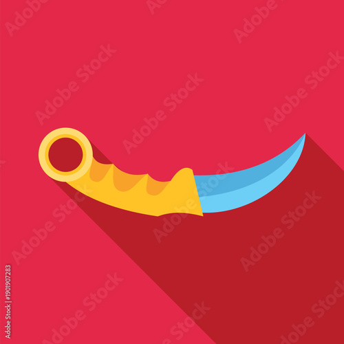 Karambit knife with a curved blade and a finger ring on a red background
