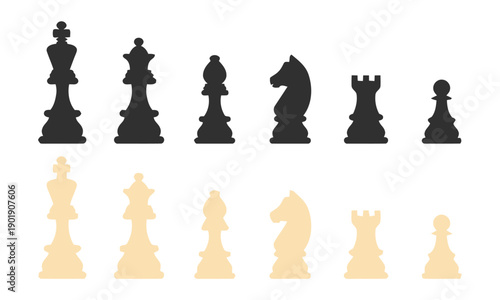 Set of stylized chess pieces silhouettes in dark gray and beige colors, isolated on white background, complete collection of classic board game figures for design, games and strategy concept