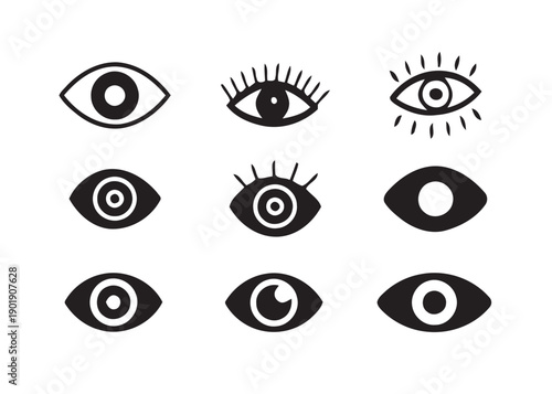 Set of stylized eye icons in black and white, representing gaze, vision, perception, observation, looking, focus, awareness, vigilance, seeing, different eye styles with pupils and irises
