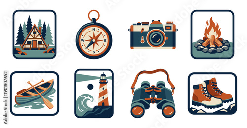Flat Vector Outdoor Adventure Icon Collection for Vintage Camping and Wilderness Travel Stationery