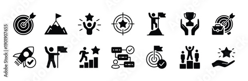 Set of success and achievement icons symbolizing goal setting, motivation, leadership, and career progress with targets, trophies, and podiums in a bold outline style.